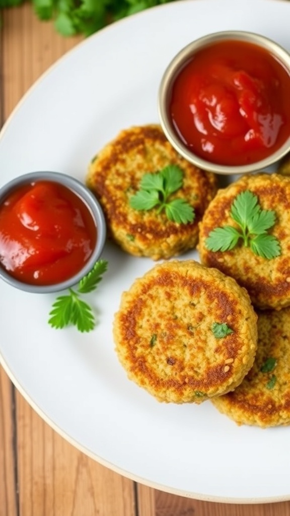 Golden-brown Italian quinoa patties on a plate with marinara sauce and parsley garnish.